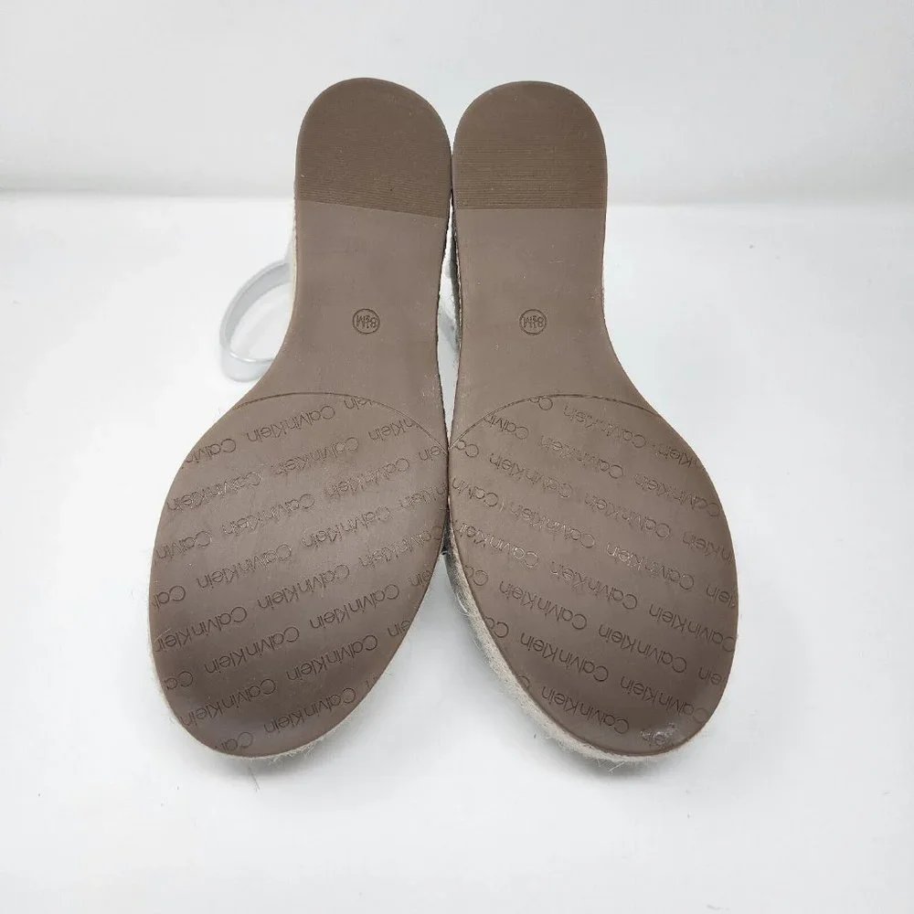 Calvin Klein Wedge Sandals Womens 8.5 Silver Thea Faux Leather Heels Shoes
